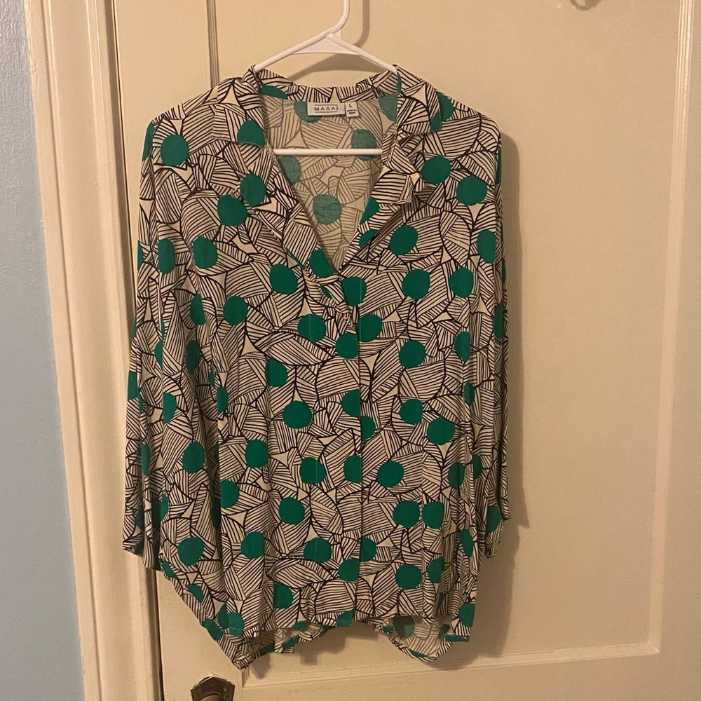 MASAI Green Dot Print V-Neck Button-Front Blouse